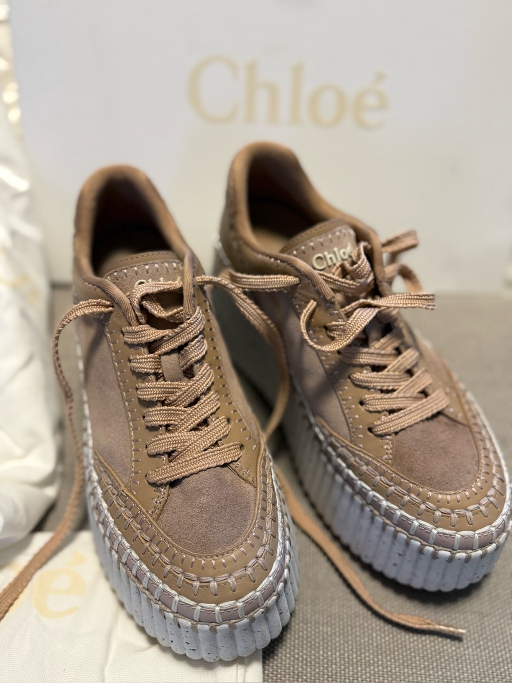 Chloé Taupe Suede Platform Sneakers